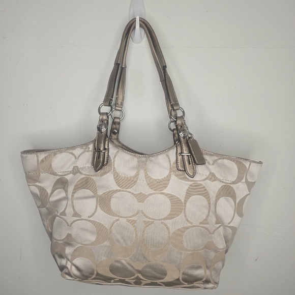 Coach Handbags - Coach Kahaki Tan Jacquard Signature Satchel Purse F16175